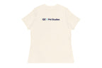 Beige t-shirt with 'QC Pet Studies' logo on the back against a white background