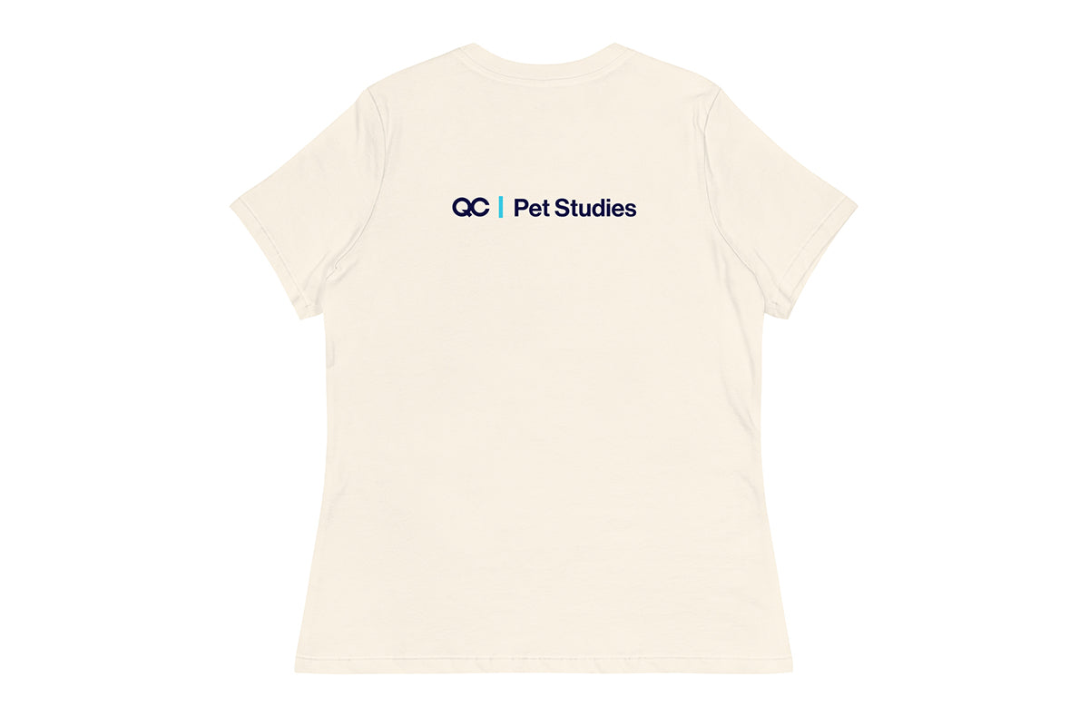 Beige t-shirt with 'QC Pet Studies' logo on the back against a white background