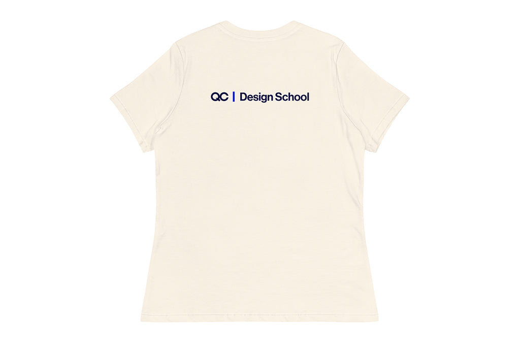 Beige t-shirt back with 'QC Design School' text on a white background
