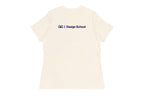 Beige t-shirt back with 'QC Design School' text on a white background