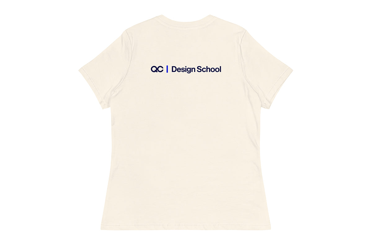 Beige t-shirt back with 'QC Design School' text on a white background