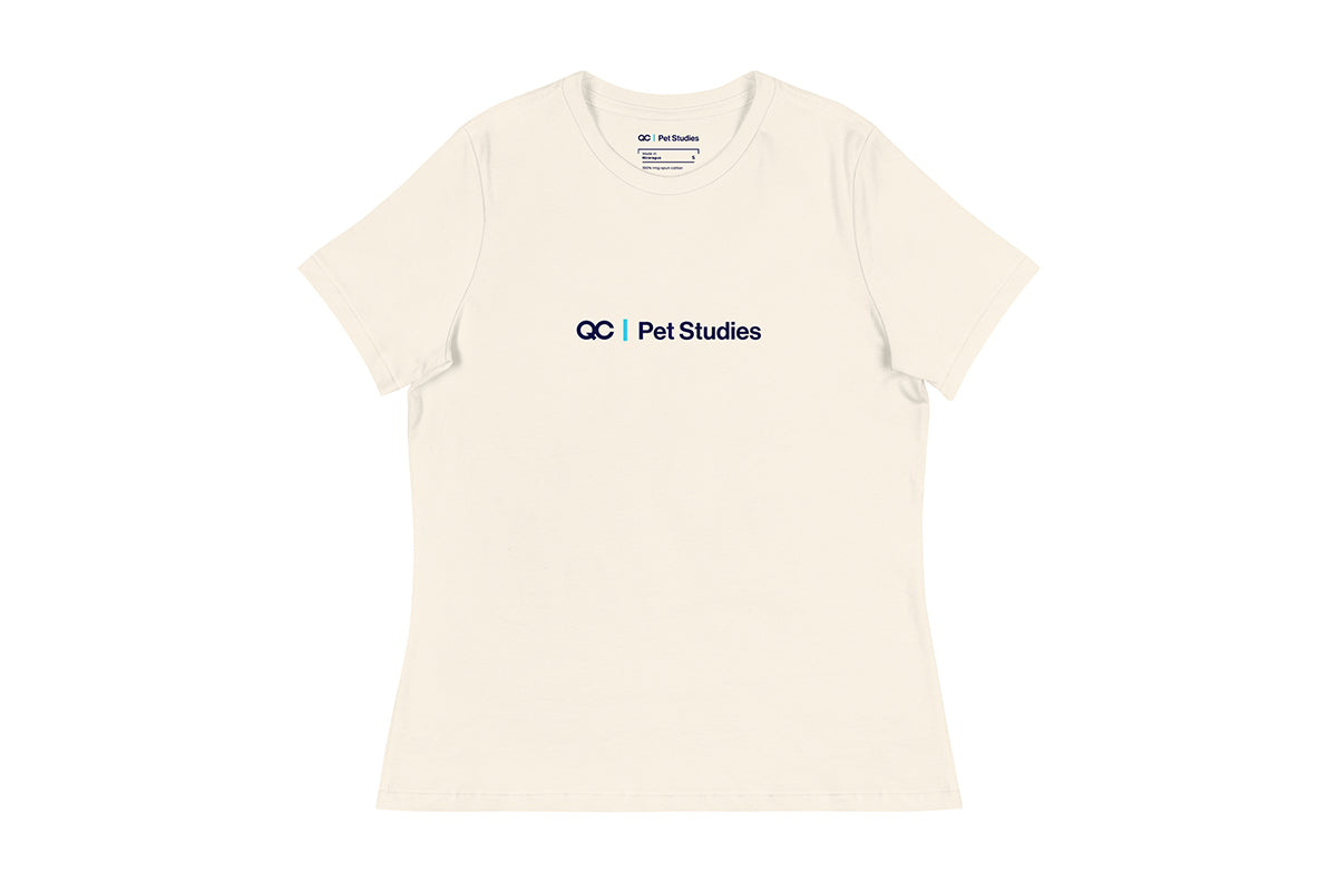 Beige t-shirt with 'QC Pet Studies' text on a white background