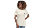 Woman wearing an off-white t-shirt with a Q logo on a white background