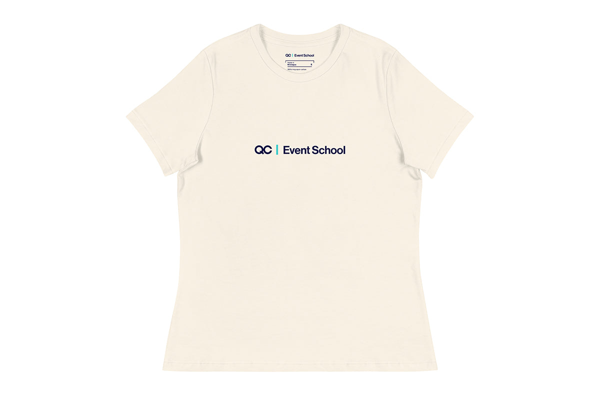 Beige t-shirt with 'QC Event School' logo on a white background