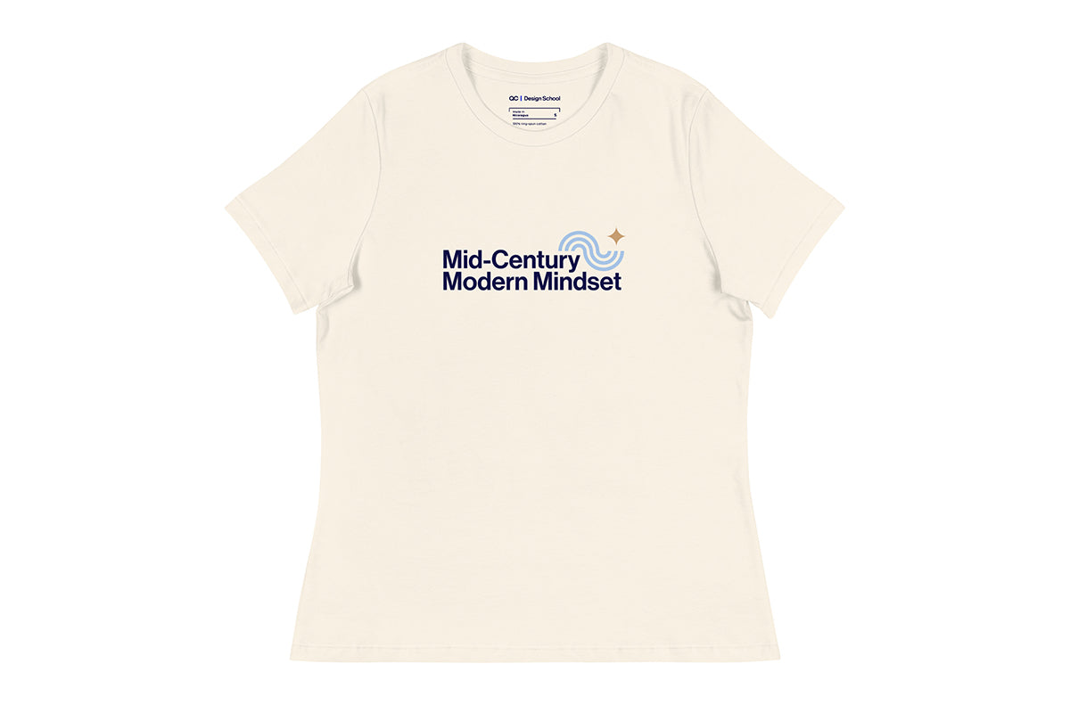 Beige t-shirt with 'Mid-Century Modern Mindset' text and logo on a white background