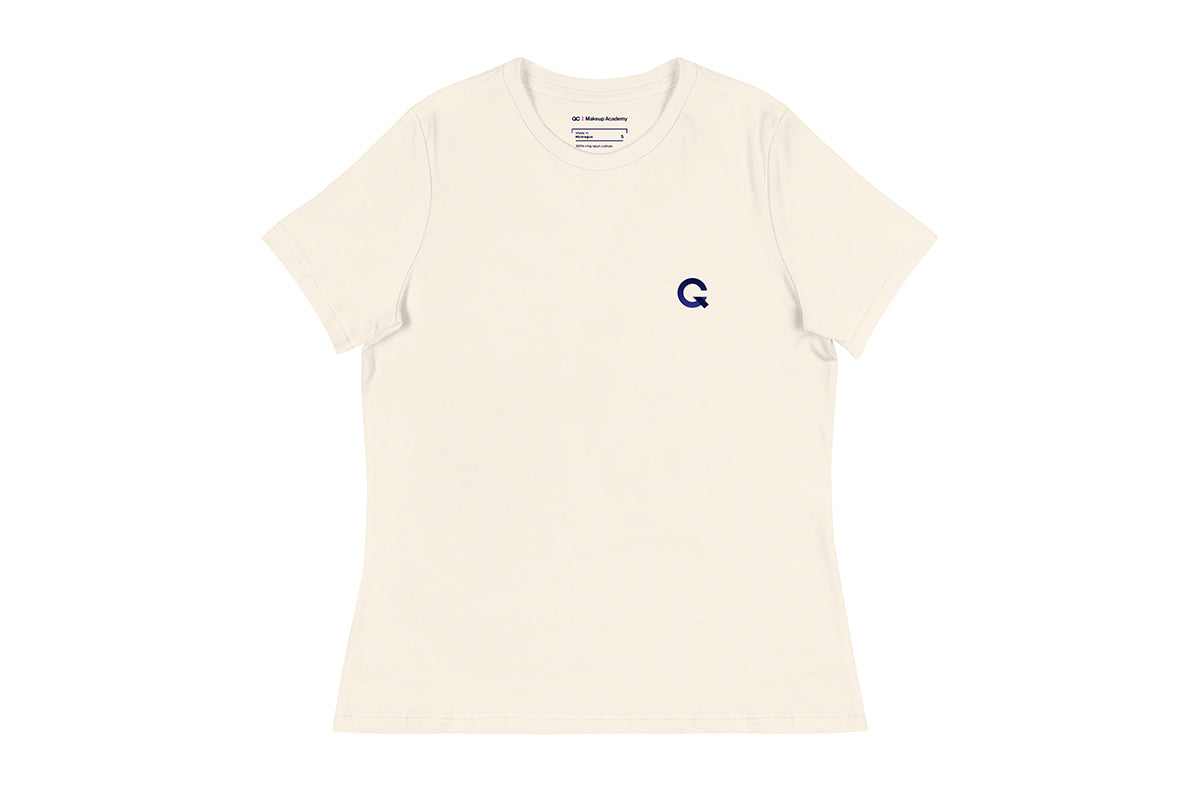 Beige t-shirt with a Q logo on a white background
