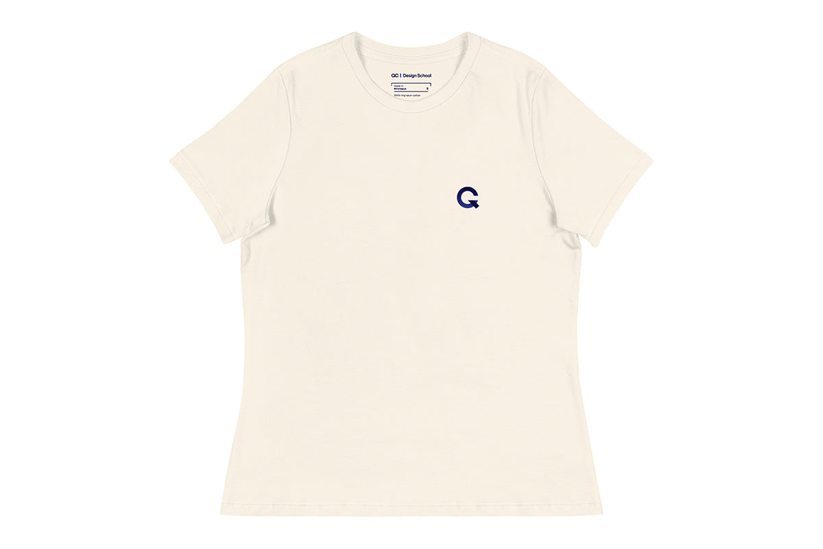 Beige t-shirt with a blue Q logo on a white background
