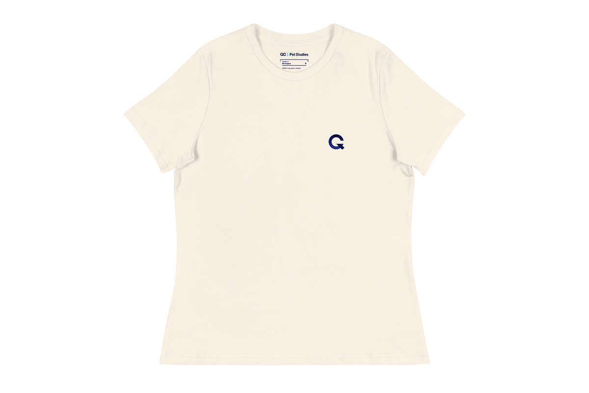 Off-white t-shirt with a Q logo on a white background