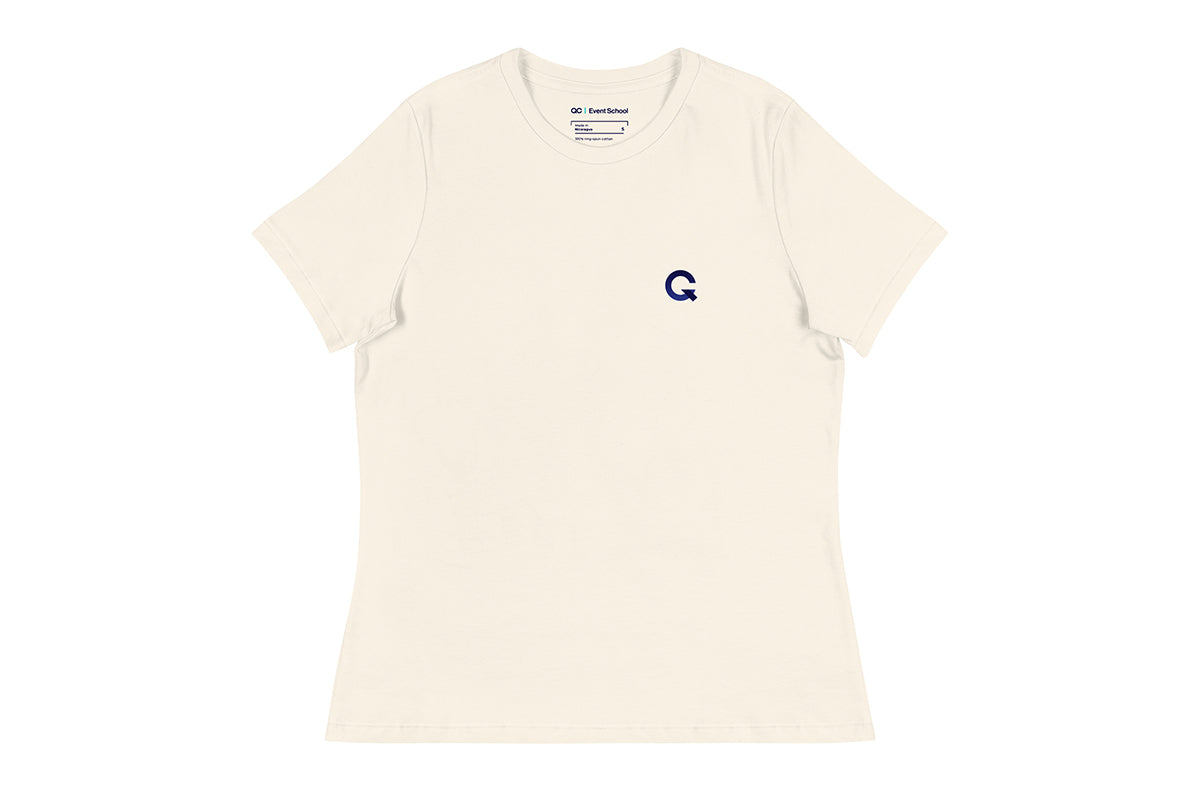 Beige t-shirt with a blue logo on a white background