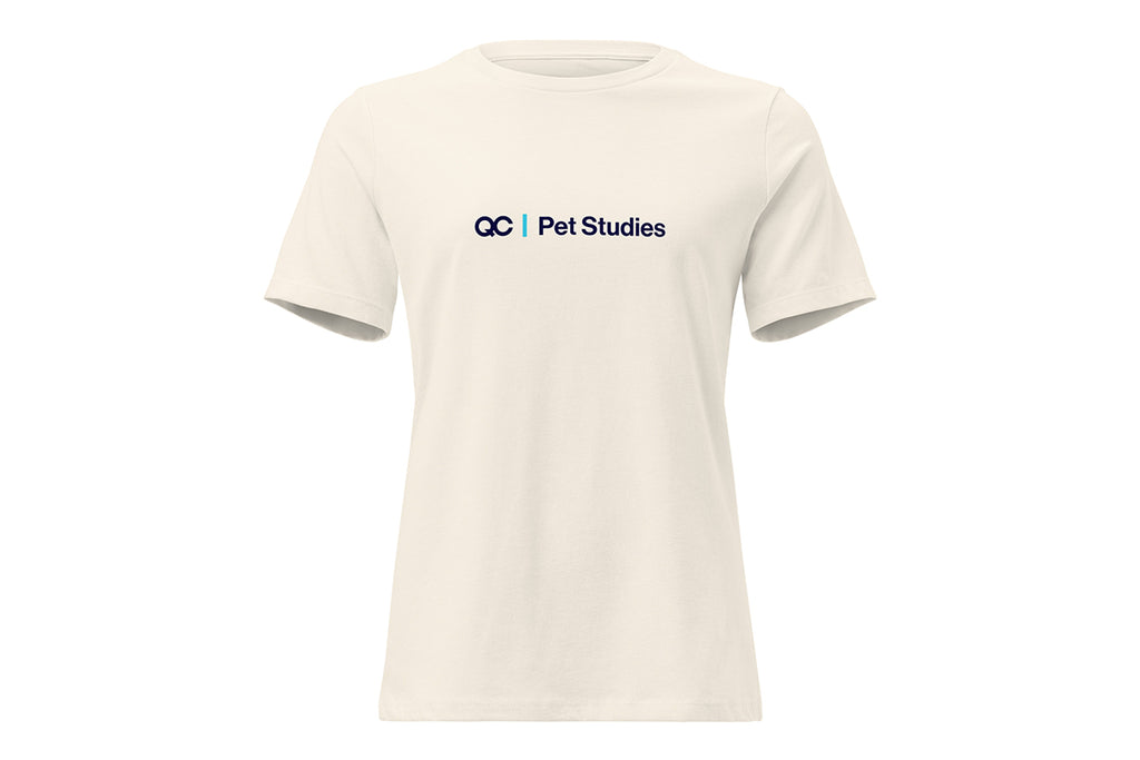 Beige t-shirt with a QC Pet Studies logo on a white background