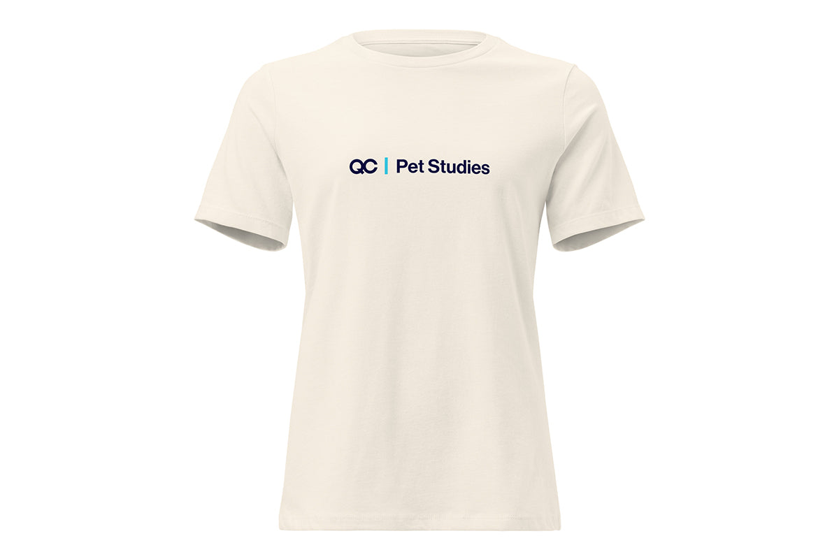 Beige t-shirt with a QC Pet Studies logo on a white background