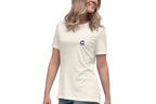 Woman wearing a 0ff-white t-shirt with a QC Pet Studies logo on a white background
