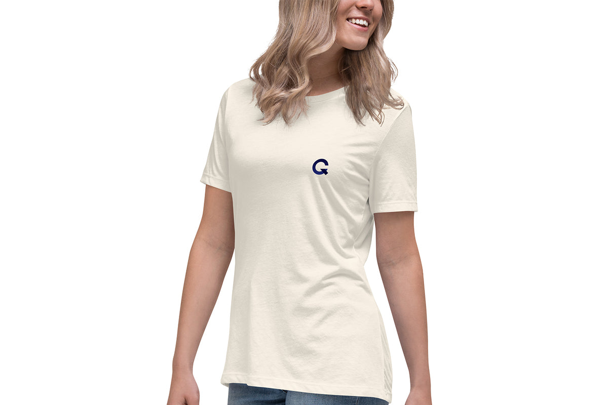 Woman wearing a 0ff-white t-shirt with a QC Pet Studies logo on a white background