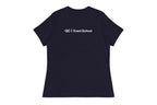 Navy t-shirt back with 'QC Event School' text on a white background