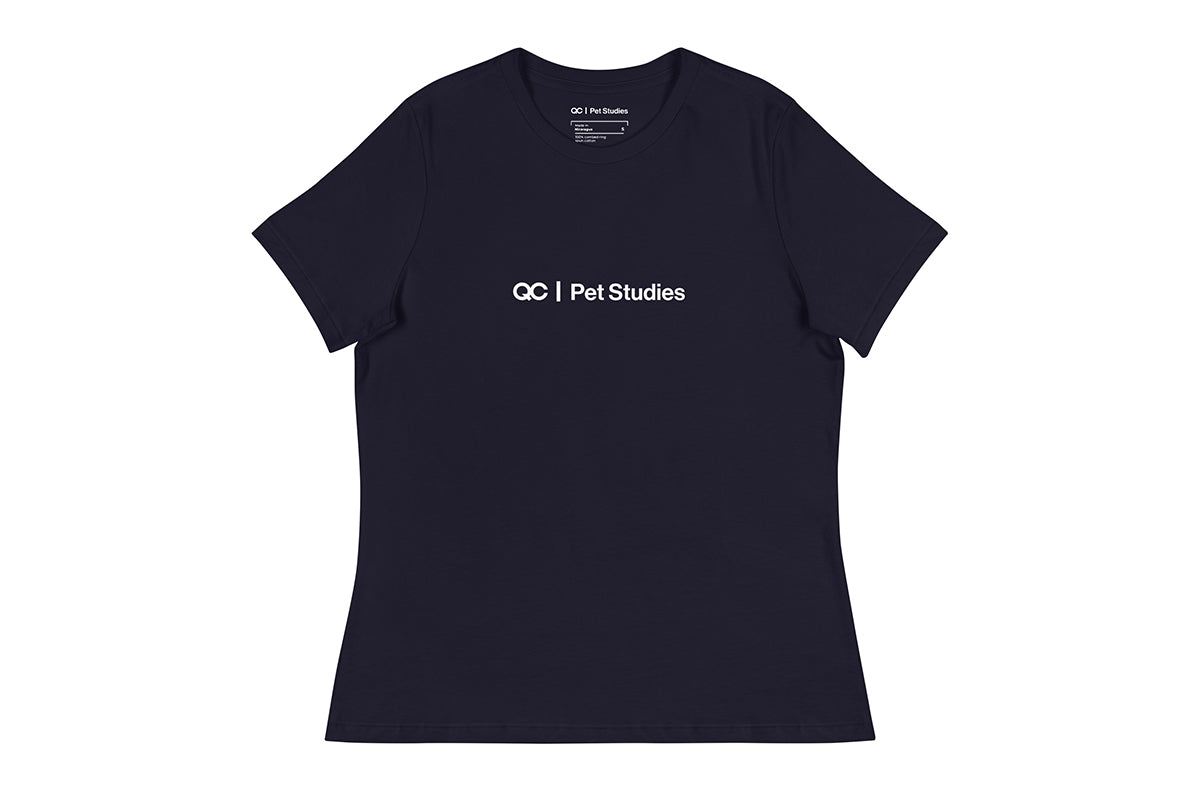 Navy t-shirt with 'QC Pet Studies' text on a white background
