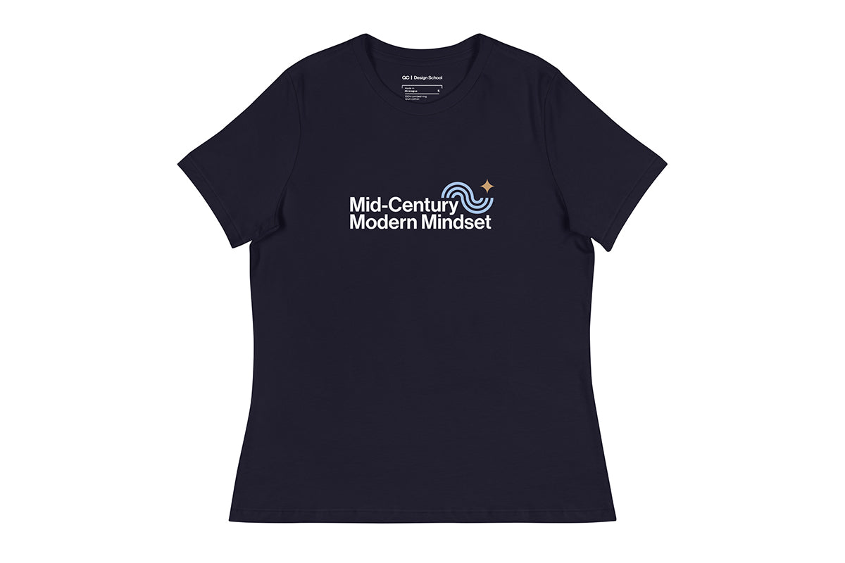 Navy t-shirt that reads "Mid-Century Modern Mindset"