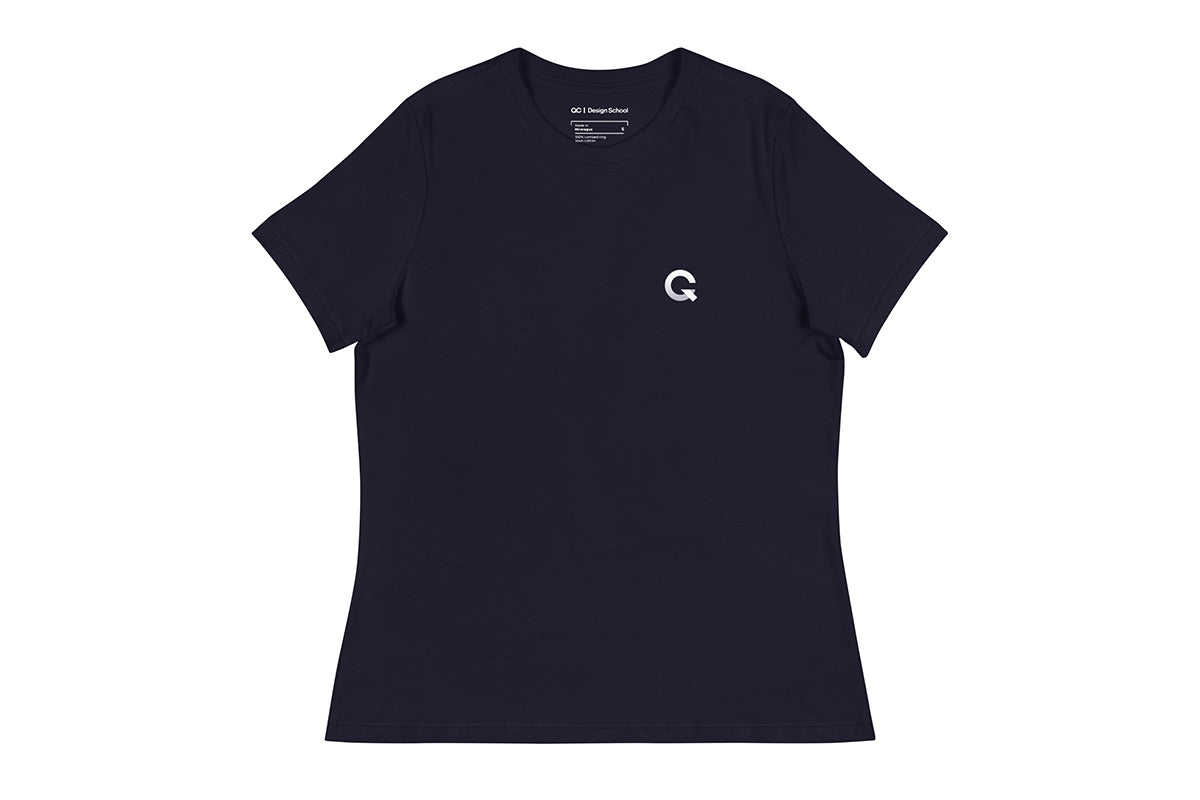 Navy t-shirt with a white Q logo on a white background