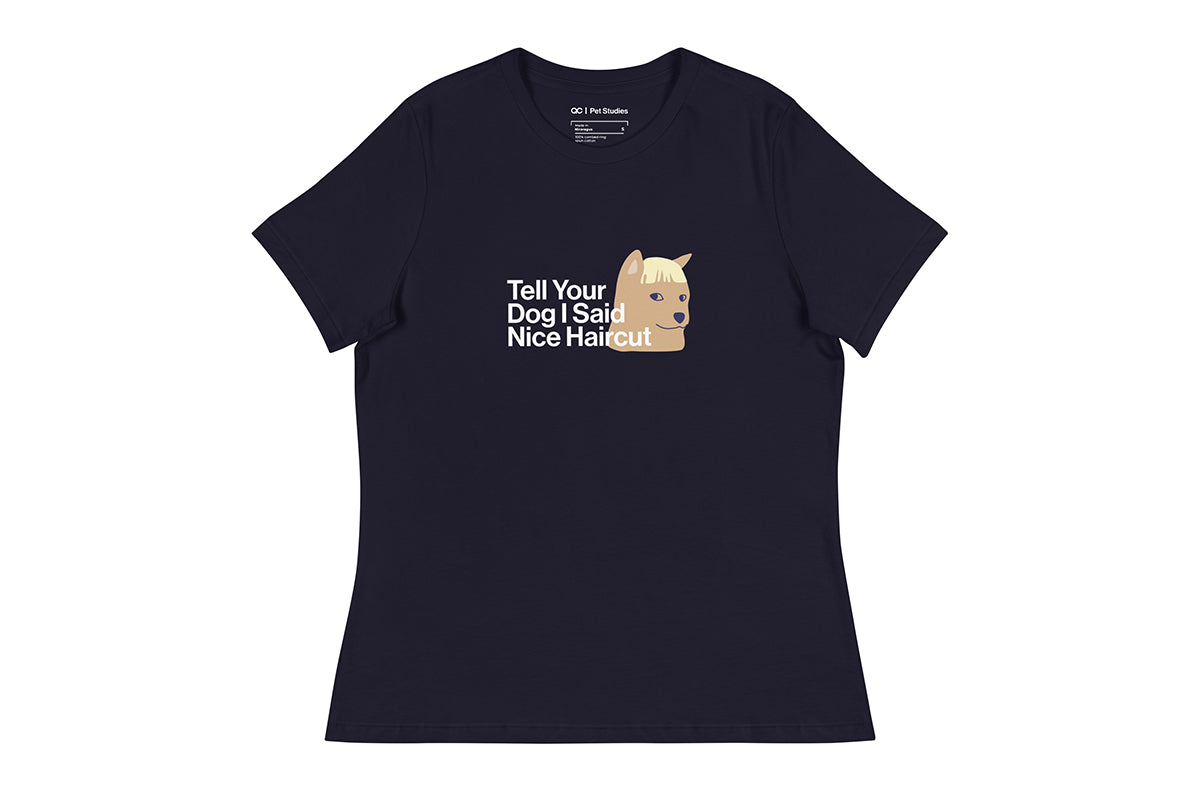 Navy t-shirt with a graphic of a dog and text on a white background