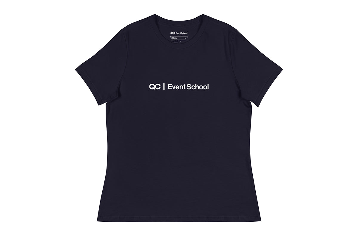 Navy t-shirt with 'OC Event School' text on a white background