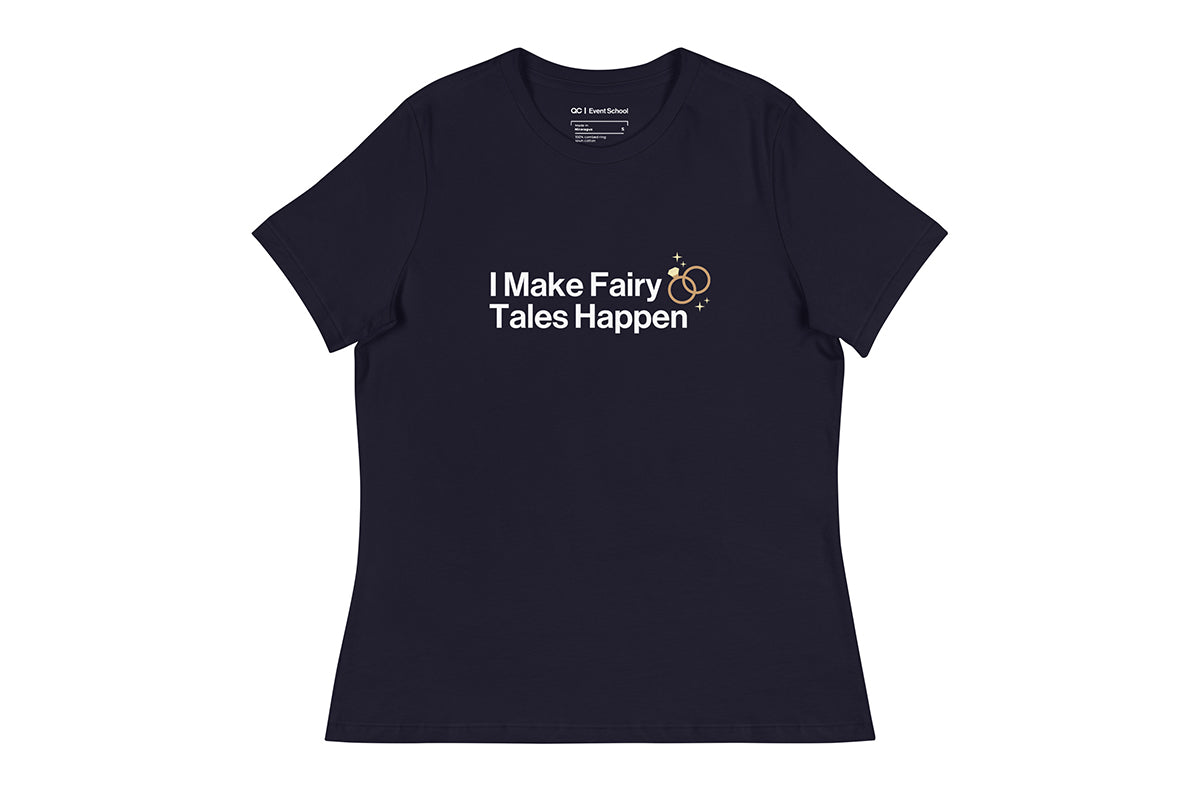 Navy t-shirt with text 'I Make Fairy Tales Happen' on a white background