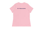 Back of pink t-shirt with 'QC Makeup Academy' text on a white background