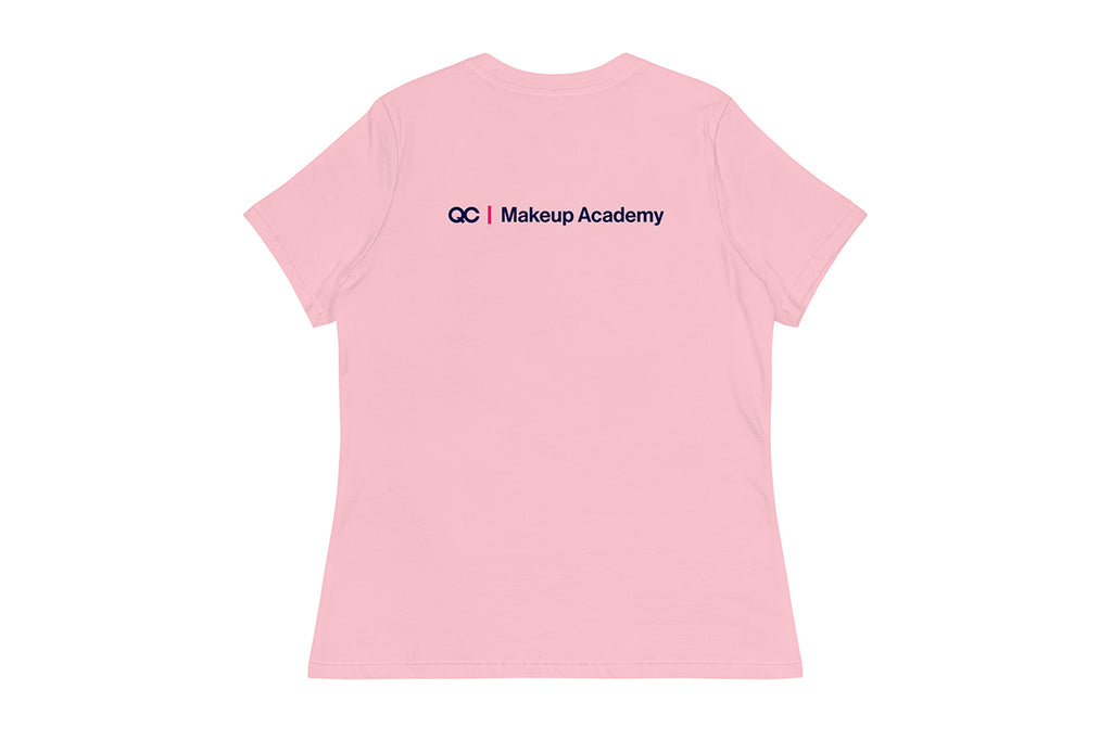 Back of pink t-shirt with 'QC Makeup Academy' text on a white background