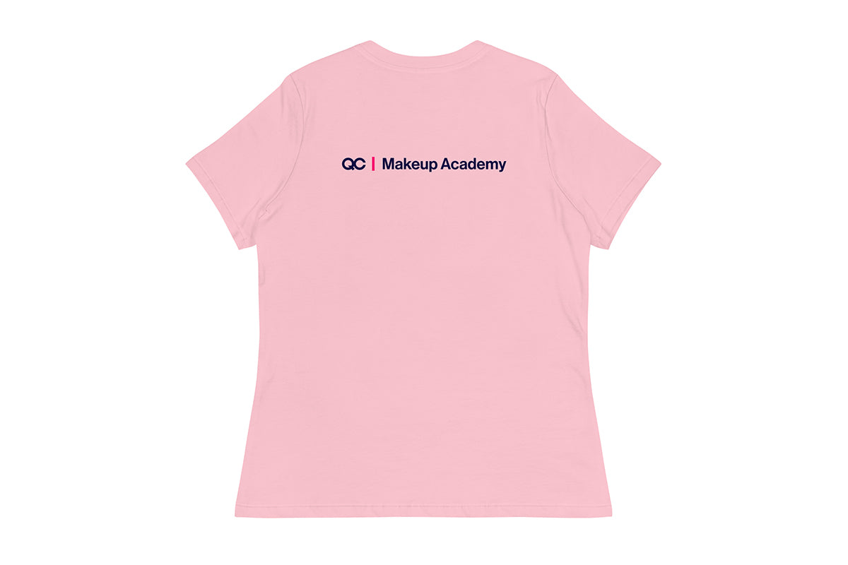 Back of pink t-shirt with 'QC Makeup Academy' text on a white background