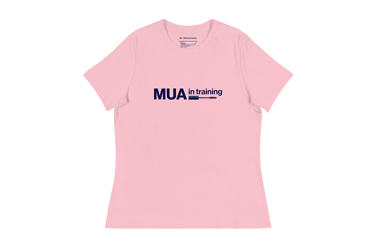 Pink t-shirt with 'MUA in training' text on a white background