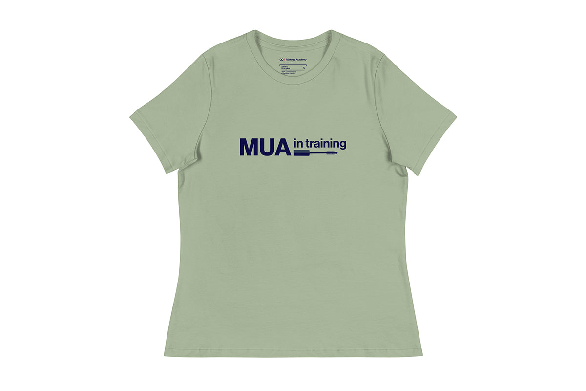Light green t-shirt with 'MUA in training' text on a white background