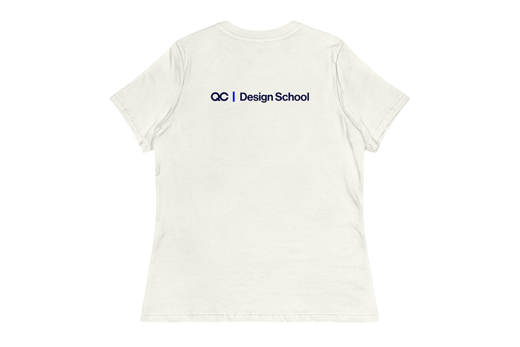 Off-White t-shirt back with 'QC Design School' logo on the back against a white background