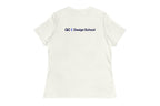Off-White t-shirt back with 'QC Design School' logo on the back against a white background