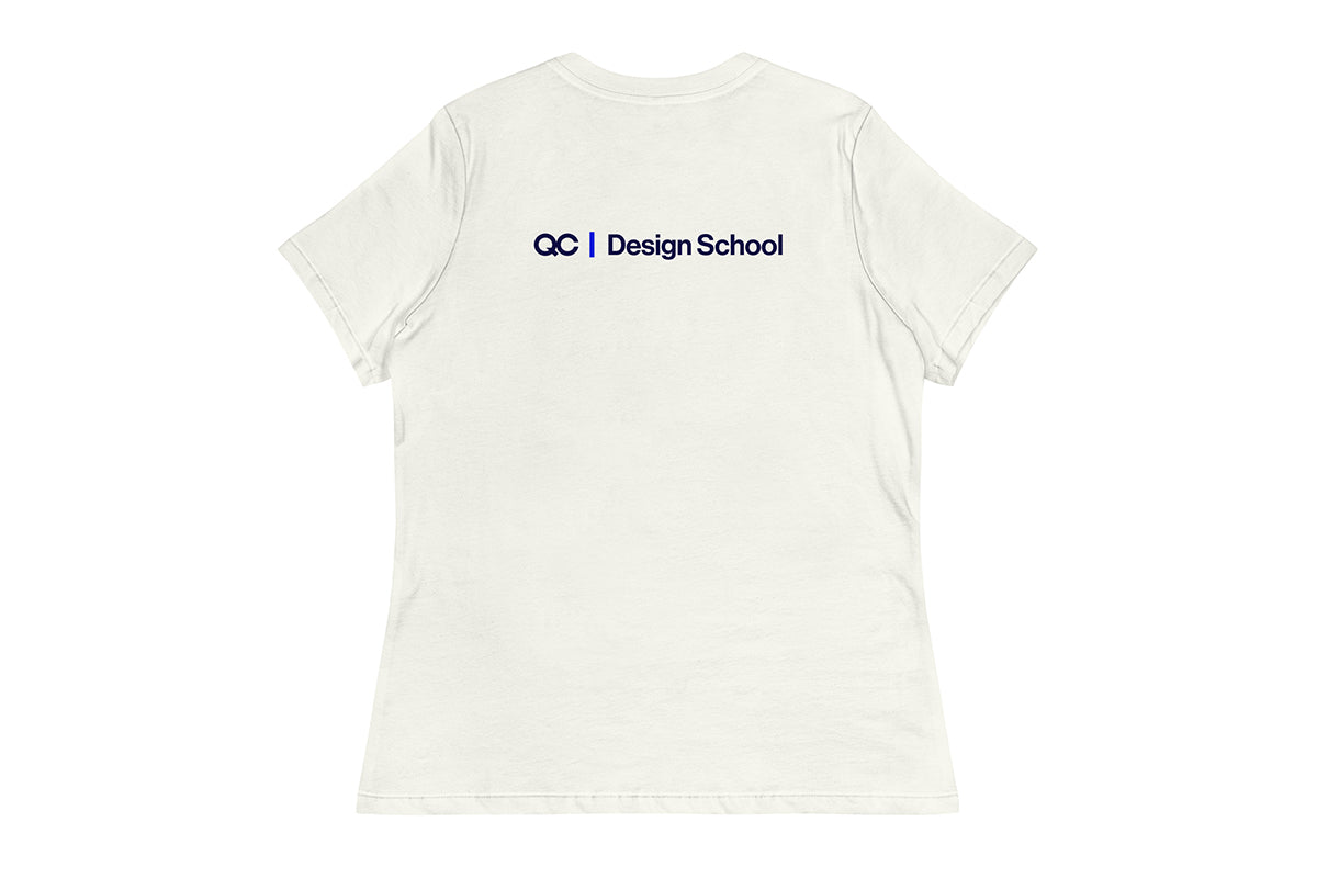 Off-White t-shirt back with 'QC Design School' logo on the back against a white background