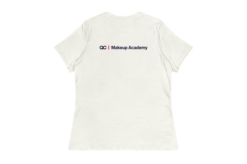 Back of Off-White t-shirt with 'QC Makeup Academy' text on the back against a white background
