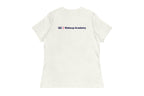 Back of Off-White t-shirt with 'QC Makeup Academy' text on the back against a white background