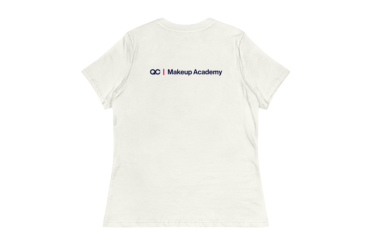Back of Off-White t-shirt with 'QC Makeup Academy' text on the back against a white background