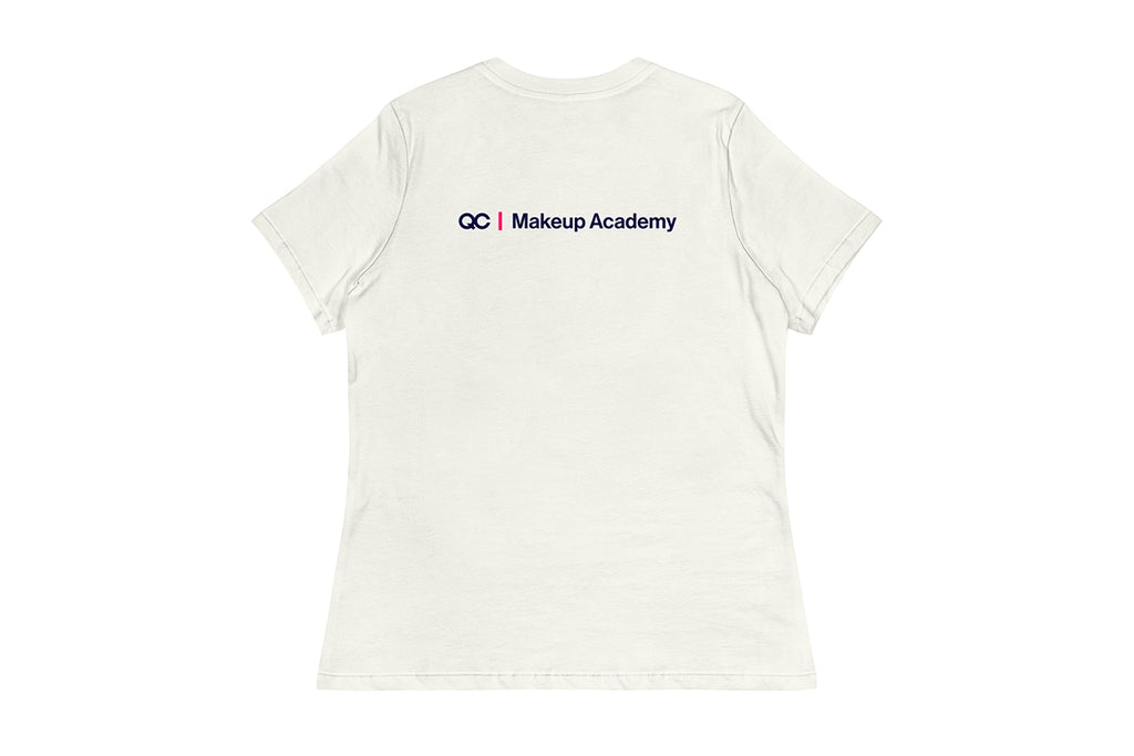Off-white t-shirt with 'QC Makeup Academy' text on the back against a white background