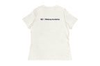 Off-white t-shirt with 'QC Makeup Academy' text on the back against a white background
