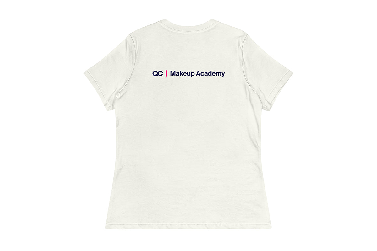 Off-white t-shirt with 'QC Makeup Academy' text on the back against a white background