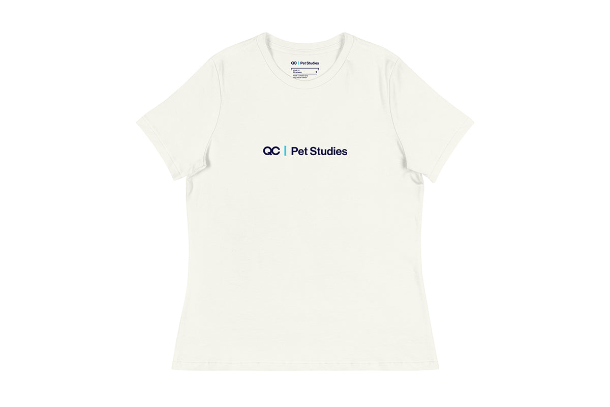 Off-White t-shirt with 'QC Pet Studies' text on a white background