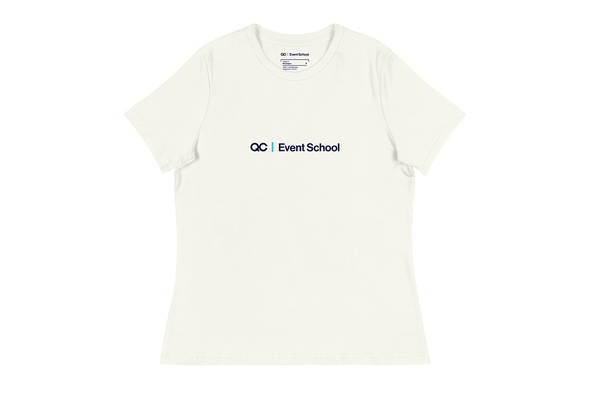 Off-White t-shirt with 'QC Event School' text on a white background