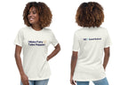 Person wearing a off-white t-shirt with text on the front and back, on a white background