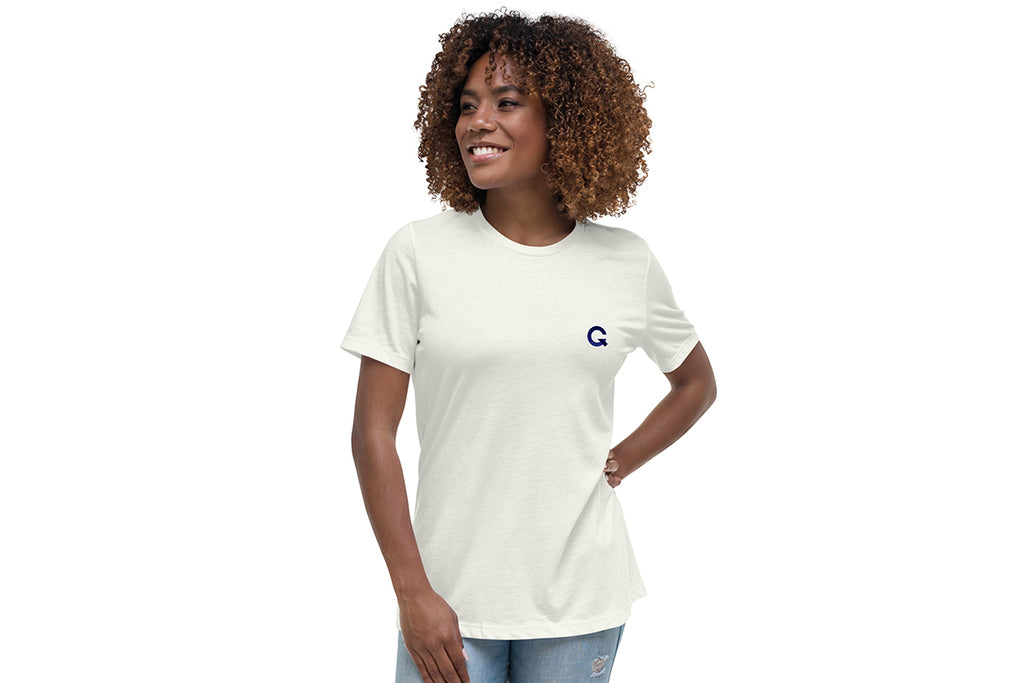 Woman wearing an off-white t-shirt with a logo on a white background