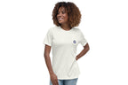 Woman wearing an off-white t-shirt with a logo on a white background