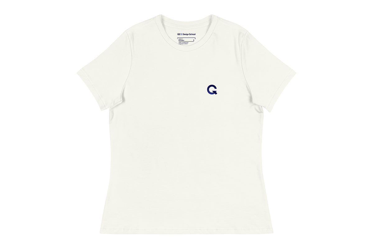 White t-shirt with a blue Q logo on a white background