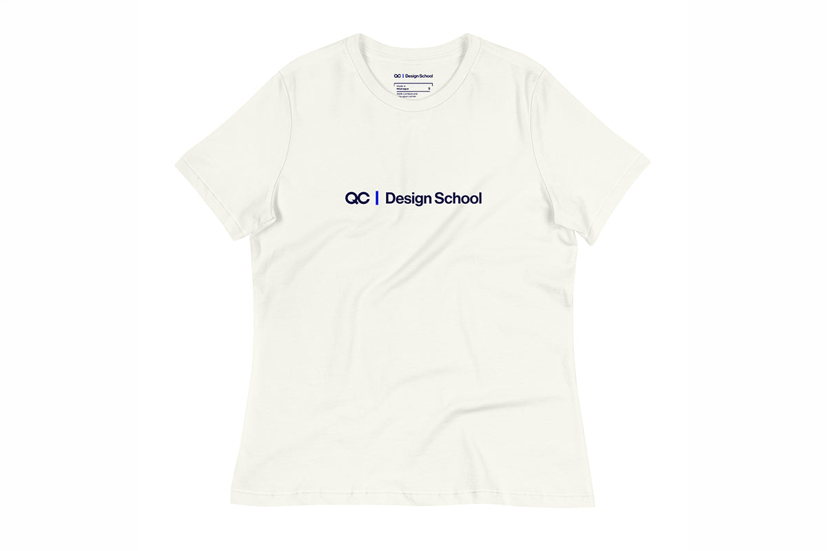 Vintage White t-shirt with 'QC Design School' logo on a white background