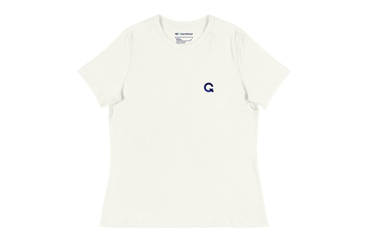 Off-White t-shirt with a blue Q logo on a white background