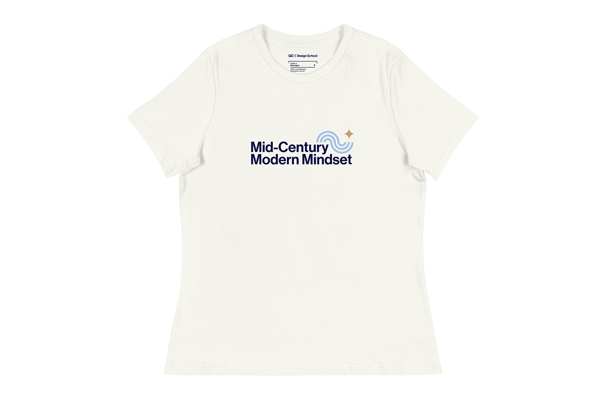 Off-White t-shirt with 'Mid-Century Modern Mindset' text  on a white background