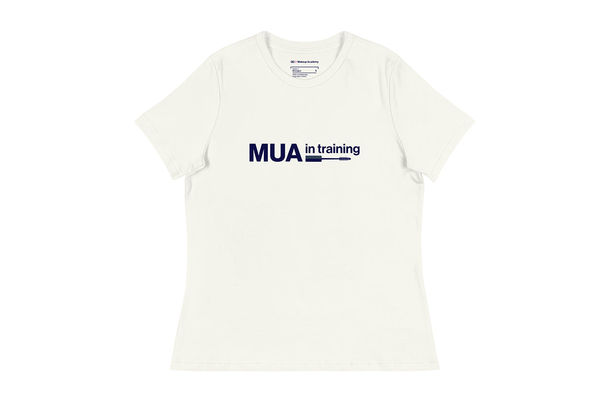 Off-white t-shirt with 'MUA in training' text on a white background
