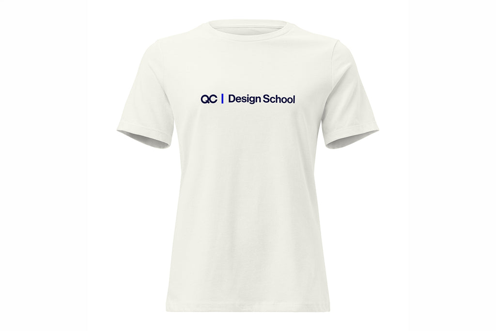 Vintage white t-shirt with QC Design School on a white background