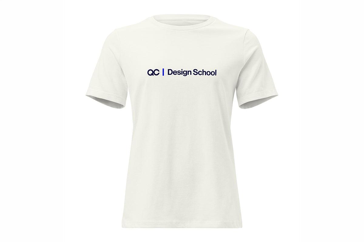 Vintage white t-shirt with QC Design School on a white background